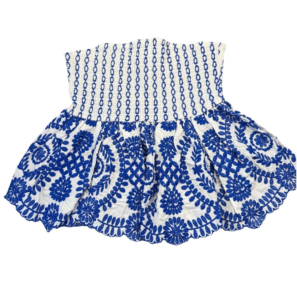 Women's Smocked Strapless Blue White Peplum Embroidered Top Boho Sz Large L
